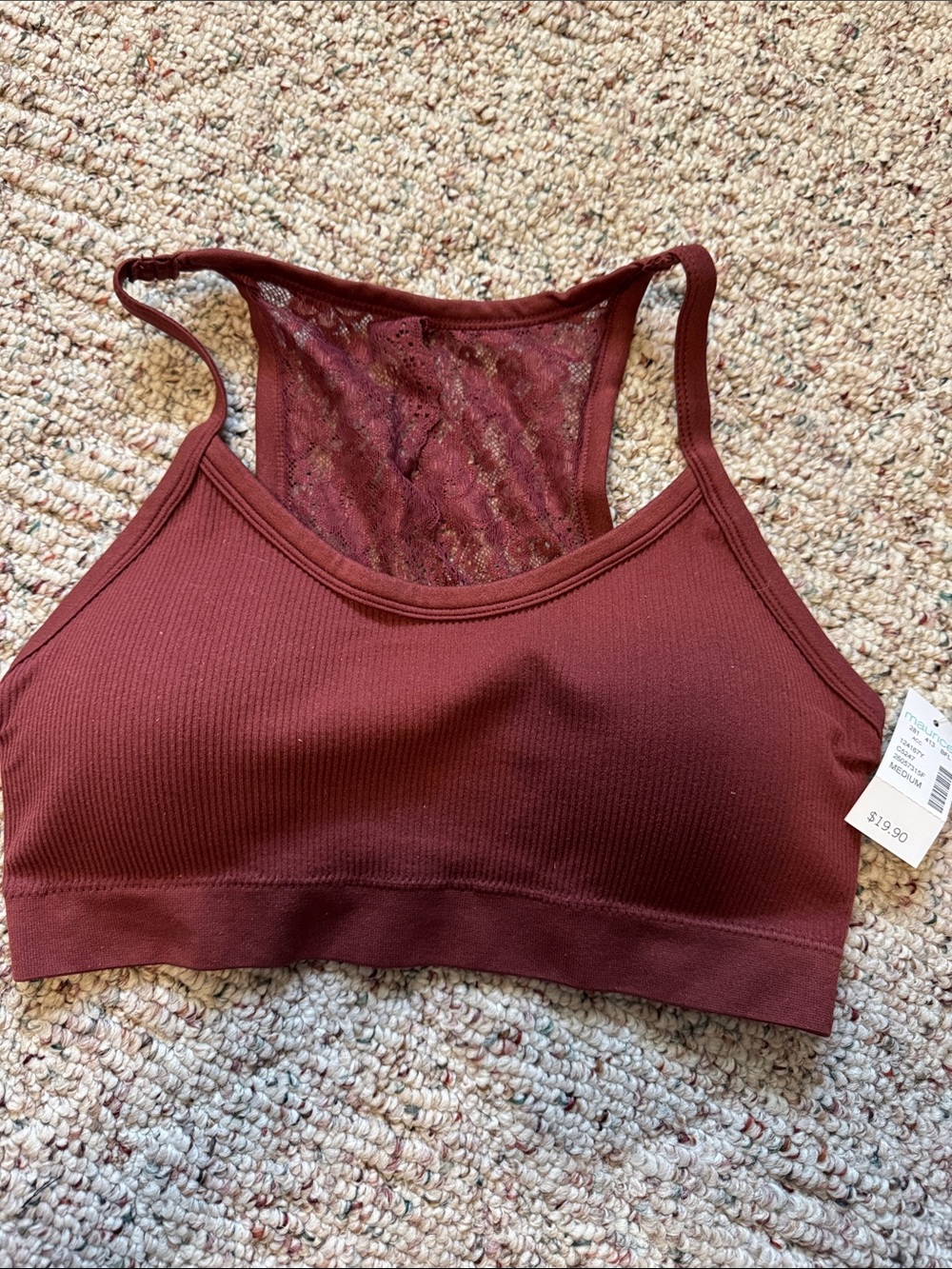 Women's Lace-Back Ribbed Bralette - Burgundy